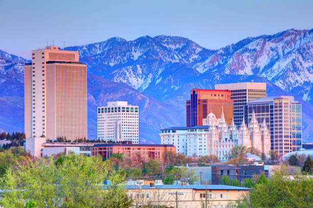 Salt Lake City buildings with mountains in the background.